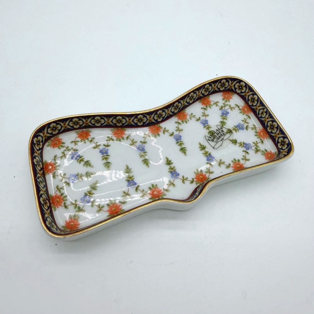 Ganz Eyeglass Holder Tray White Floral Ceramic Gold Trim Trinket Dish 6.5x3"